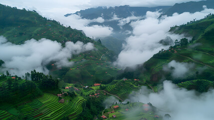 5 Aerial view of beautiful orange trees on hills and mountains in clouds