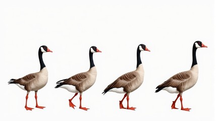 Obraz premium Realistic illustration of four walking geese on a white background, perfect for animal-themed educational materials and wildlife presentations.