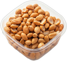 A clear container filled with roasted almonds
