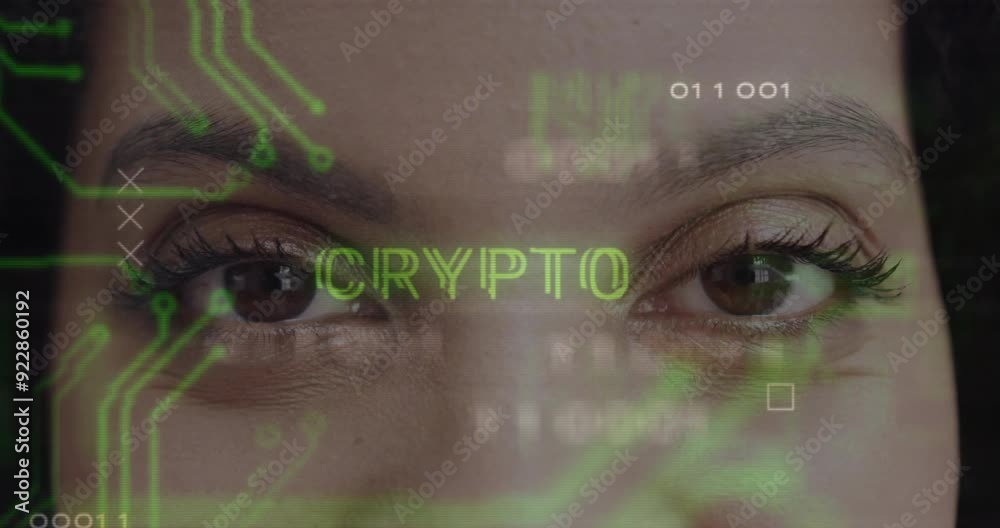 Poster eyes with circuit board and encryption text animation over them