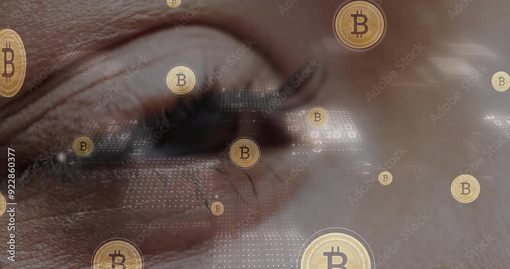 Poster bitcoin symbols and binary code animation over close-up of human eye