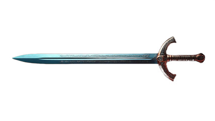 A gleaming sharp sword rests on a crimson background