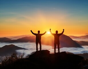 Fototapeta premium silhouette of two success mens in the top of hill