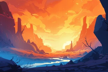A vibrant digital painting of a fantastical landscape at sunset, featuring jagged cliffs, a winding river, and a mesmerizing blend of warm oranges and cool blues