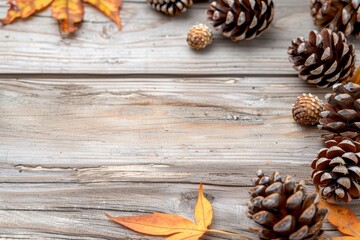 A beautiful arrangement of pinecones and autumn leaves on a rustic wooden background, perfect for seasonal decor and nature themes.