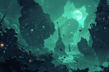 Submerged city ruins with a full moon and scattered debris, creating an eerie and mystical underwater scene