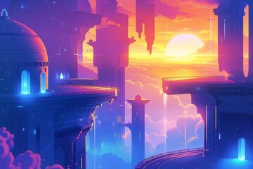 Futuristic city at sunset with glowing structures and cloud formations, creating a surreal and dreamy landscape