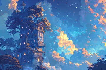 Magical treehouse perched amidst a starry night sky with glowing clouds, creating a whimsical fantasy scene