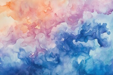 Abstract watercolor painting with soft hues of orange, pink, purple, and blue. Dream-like and atmospheric.