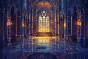 Grand gothic hall with stained glass windows and polished marble floors, radiating an air of majestic elegance