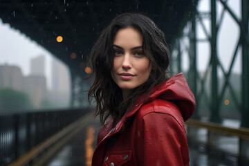 girl standing in the rain with a dark, dewy bridge in the background