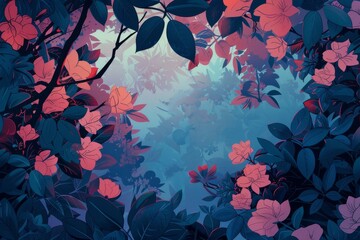 Dreamy floral scene with pink blossoms and dark leaves, creating a whimsical and enchanting atmosphere