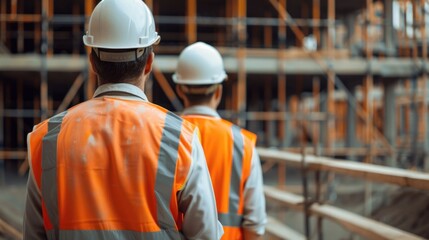 Construction workers in hard hats and safety vests reinforcing the structure of a load bearing wall using concrete steel and complex scaffolding frameworks on a busy construction site