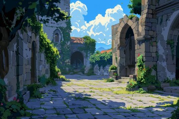 Sunny, overgrown ruins with stone archways and climbing vines, evoking a sense of ancient charm and tranquility