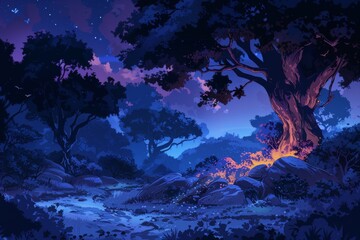 Enchanted night forest with glowing stream and silhouetted trees under a starry sky, evoking a magical atmosphere