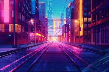 Sleek, futuristic city street with glowing tram lines, vibrant neon lights, and towering buildings creates a sense of high-tech urban energy
