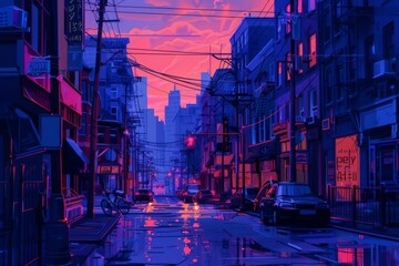 Rain-soaked city street at dusk, with neon lights reflecting on wet pavement,