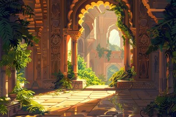 Sunlit courtyard with ornate arches, lush greenery, and a warm golden glow, evokes a sense of ancient beauty and tranquil serenity