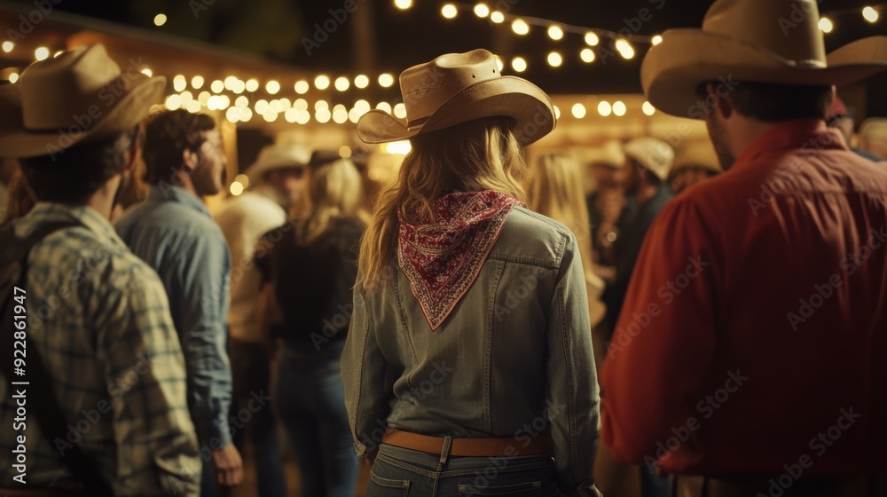 Poster a lively group of people enjoys country dancing at night, surrounded by charming string lights, wear