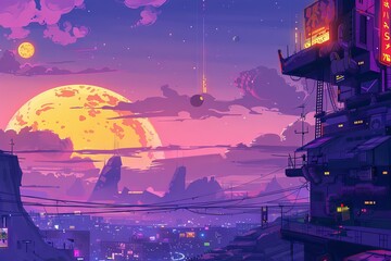 Cyberpunk cityscape under a vibrant purple sky, with a massive moon and neon-lit structures, evoking a futuristic and surreal urban landscape