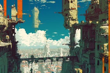 Sprawling city built on towering cliffs, connected by bridges, with a bright blue sky and distant structures, evoking a sense of adventure and wonder