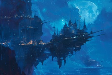 Floating city nestled amidst clouds, illuminated by moonlight, with distant lights twinkling below, creating a serene and mystical nocturnal scene