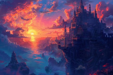 Majestic castle perched on a cliffside, overlooking a fiery sunset and a tranquil sea, creating a scene of awe-inspiring beauty and grandeur