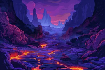 Otherworldly landscape with jagged cliffs, flowing lava river, and a purple-hued sky creates a dramatic and surreal alien environment