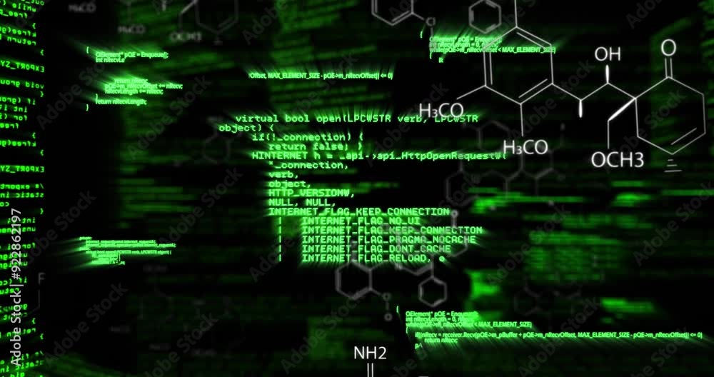 Poster Green programming code and chemical formulas animation over dark background