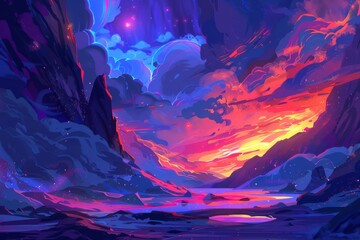 Vibrant celestial landscape with swirling clouds, vivid colors, and a mystical glow evokes a sense of wonder and cosmic beauty