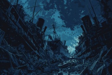 Sunken giant ship wreckage on the ocean floor, scattered debris, dim lighting, and a haunting atmosphere create a scene of profound tragedy