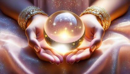 幻想的、水晶玉、手、光、スピリチュアル、占い、魔法、神秘的、ゴールド、ファンタジーアート、きらめき、エレガント、夢幻、エネルギー、デジタルアート