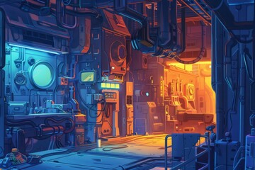 Futuristic interior with dramatic lighting, narrow high-tech corridor, and a contrasting blend of blue and orange hues create a mysterious