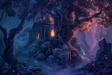 Enchanted castle nestled amidst ancient trees, bathed in moonlight, with glowing windows hinting at magic within the mystical forest