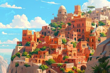 Sunny Hillside Village with Terracotta Architecture