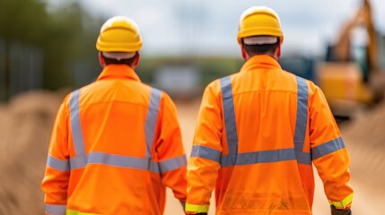 Inspectors Ensuring Site Safety and Compliance During Construction Project   Two Workers in Orange Uniforms and Hard Hats Conducting Safety Inspection on an Industrial or Infrastructure Site