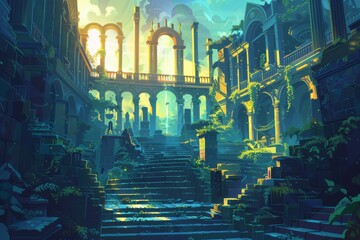 Digital illustration depicts a ruined ancient city in a fantasy setting