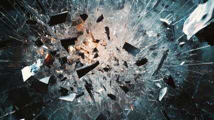 Shattered Glass Fragments Scattered Across a Dark Surface