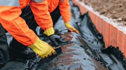 Construction workers in orange uniforms applying protective layers for waterproofing a building s foundation in an outdoor construction site with a deep depth of field visible