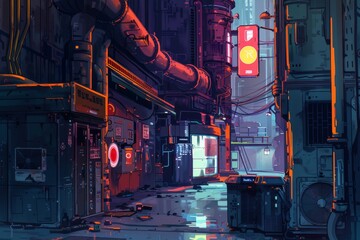 narrow alley in a futuristic city with neon light effect background
