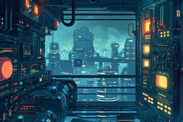 Control room cartoon illustration