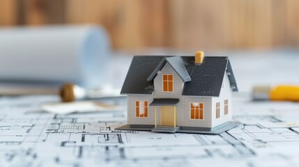 Detailed blueprints and construction documents for a residential building project with a miniature model house placed atop the plans