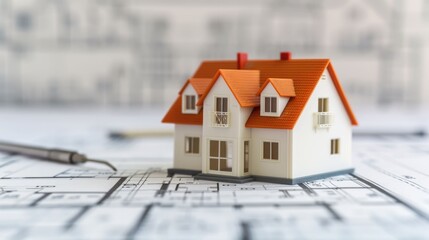 Close up view of a small miniature house model placed on top of architectural blueprints and building permit paperwork