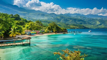 picturesque tropical beach scene with vibrant, colorful huts lining the shoreline.