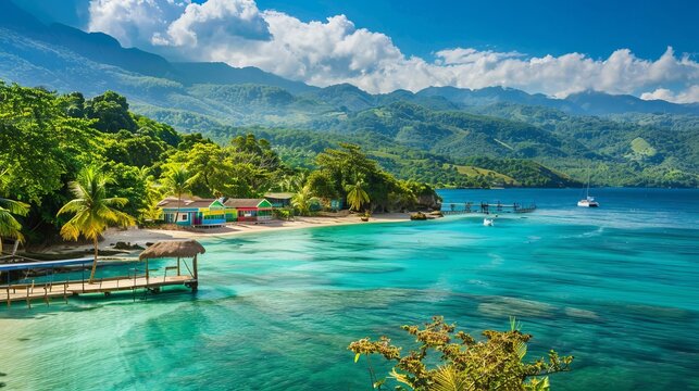 picturesque tropical beach scene with vibrant, colorful huts lining the shoreline.