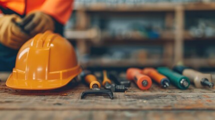 Fototapeta premium Tool and Equipment Setup with Workers Preparing Tools and Gears for the Upcoming Job with Deep Depth of Field in a Busy Workshop or Construction Site