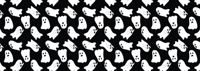 Halloween seamless pattern with hand drawn ghost on dark background. 