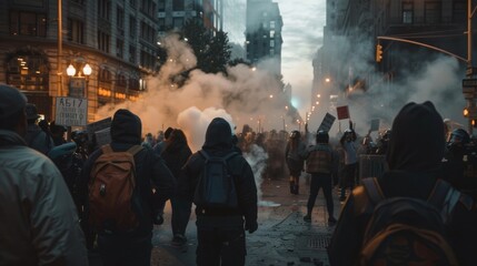 Fototapeta premium group of people in a demonstration at night with smoke or fog in the middle of a city in a riot