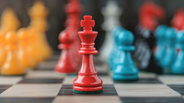 Conceptual image of a chess board with red and blue chess pieces symbolizing competitive advantage unique selling points and decisive market positioning in a business or corporate setting