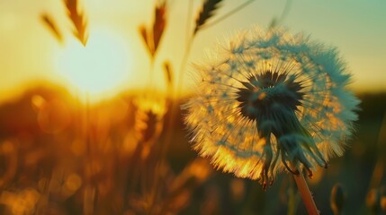 Closeup of dandelion against sunset